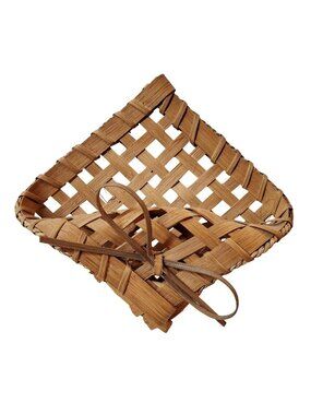 Handwoven Square Basket With Ribbon Accent Natural Wood Material Rustic Decor Li